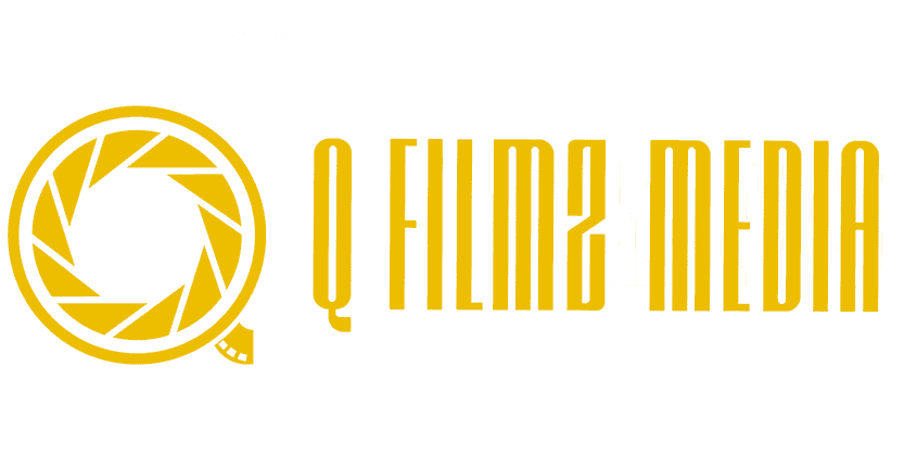 Q filmz media logo, vibrant yellow background with camera lens icon, representing professional film and media content for digital marketing and entertainment.
