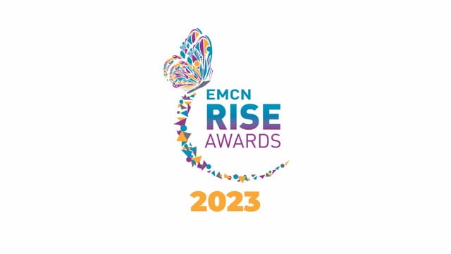 Vibrant butterfly-shaped logo for the EMCN RISE Awards 2023, showcasing colorful mosaic design representing recognition and excellence in media and entertainment.