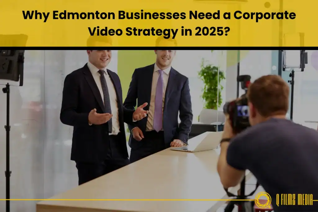 Professional business team recording corporate video in modern office, emphasizing corporate video strategy, content creation, and media production for business branding.