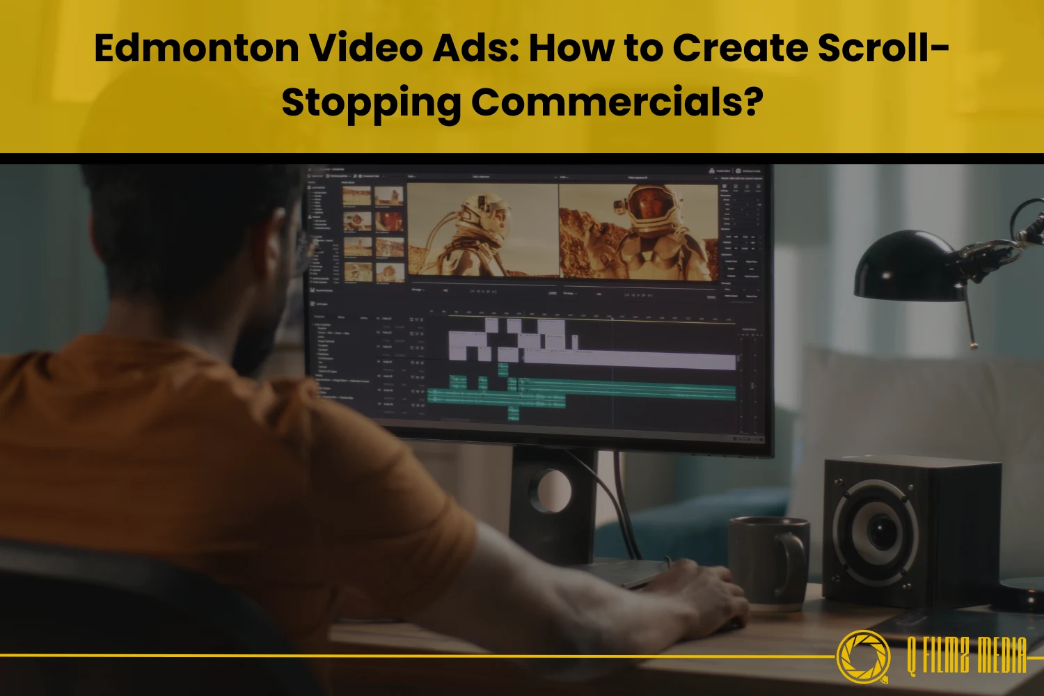 Airman editing video footage on a professional computer monitor, creating engaging movie trailers and commercials at Q Filmz Media for SEO optimized content.