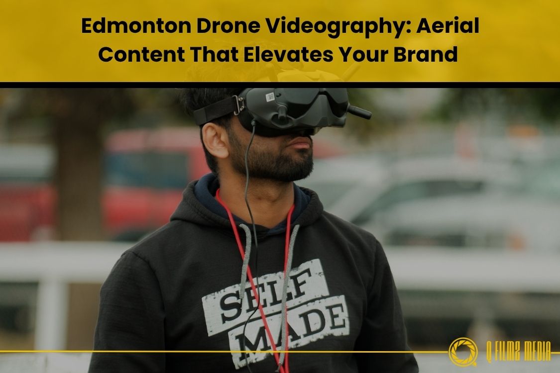 Drone footage capturing a man wearing virtual reality goggles outdoors during daytime.
