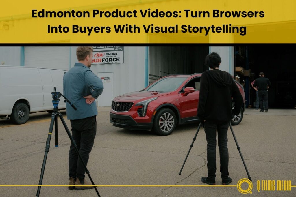 High-quality image of a car shoot for video production with crew members filming a red SUV in an industrial setting, demonstrating professional videography and visual storytelling techniques.