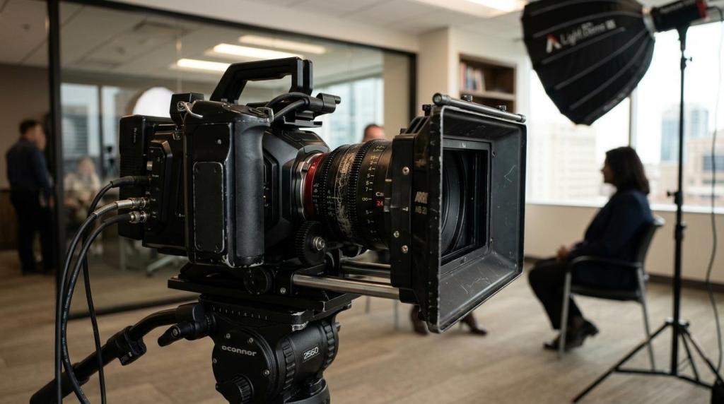High-quality professional video camera on tripod in a modern studio with a person being filmed and crew members in the background.