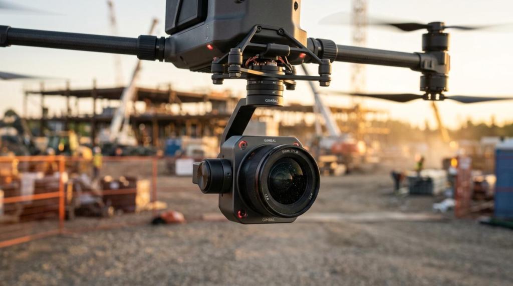 High-quality drone camera capturing aerial footage at a construction site during sunset in Edmonton.