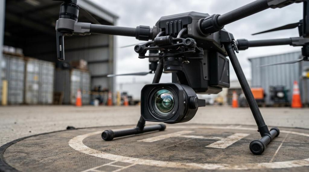 High-quality drone camera used for professional video production in an industrial setting.