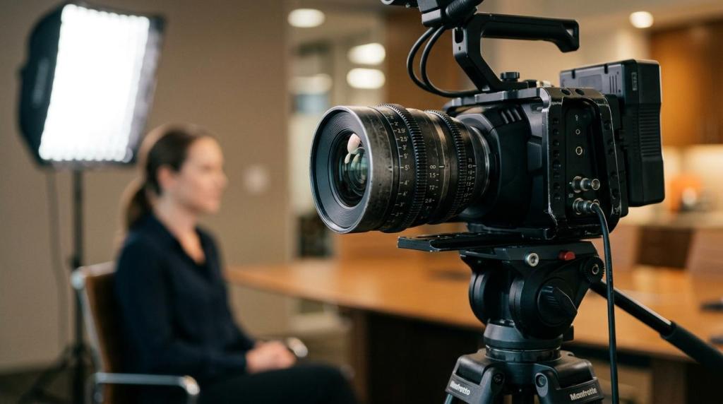 High-quality professional video camera on tripod in a studio setting with a woman in the background during a filming session.