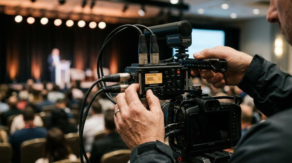 Professional videographer recording event at conference with high-quality camera equipment.