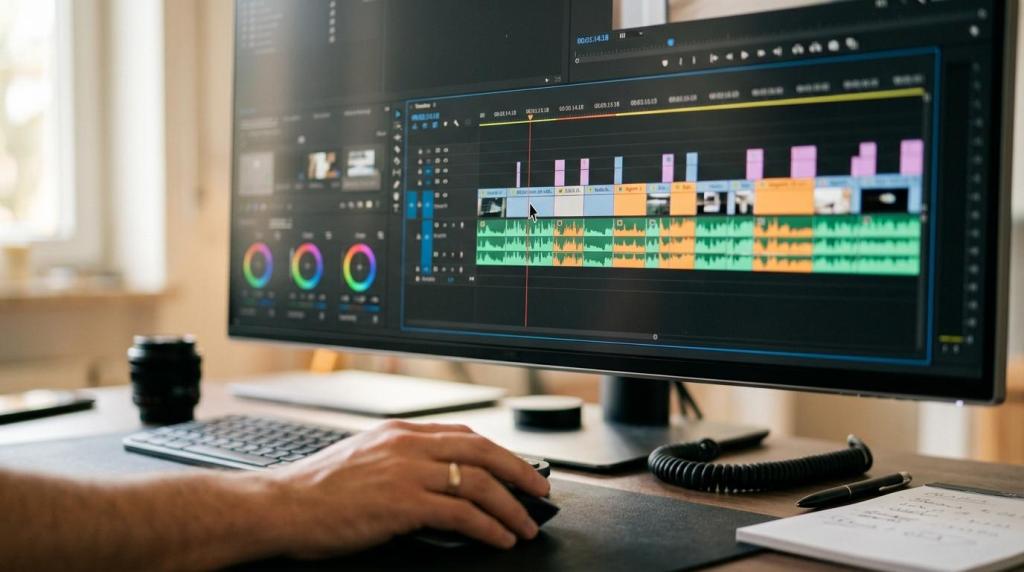 Person editing a video project on a large monitor with timeline and color grading tools visible.
