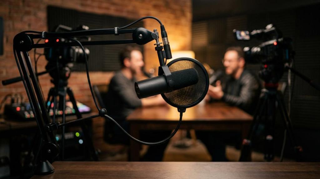 Close-up of a professional podcast microphone with two hosts in the background, recording a podcast episode in a studio.