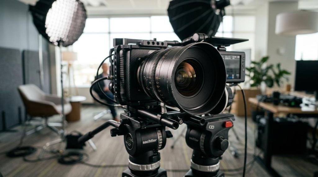 High-quality professional video camera on tripod in a modern studio, ready for filming promotional content for sales teams.