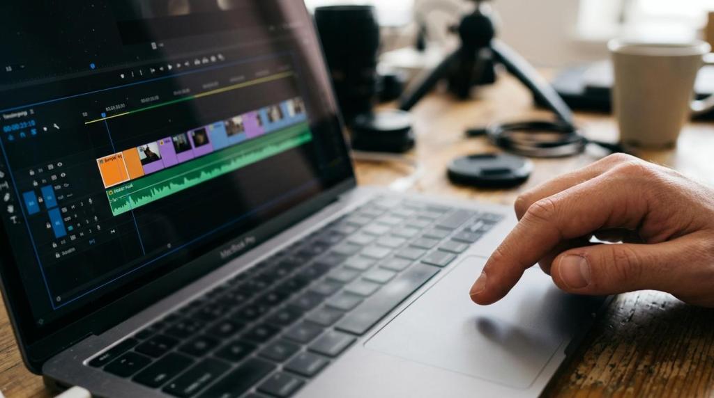 Person editing a video on a laptop with professional video editing software open, surrounded by camera lenses and coffee cups, in a creative workspace.