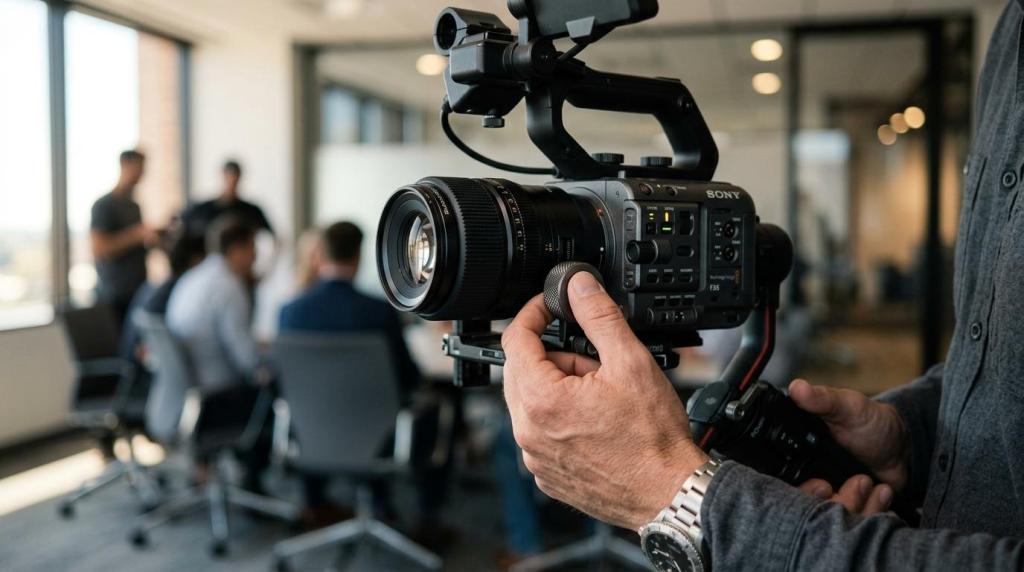 Close-up of a professional video camera being operated during a film shoot in a modern office setting.