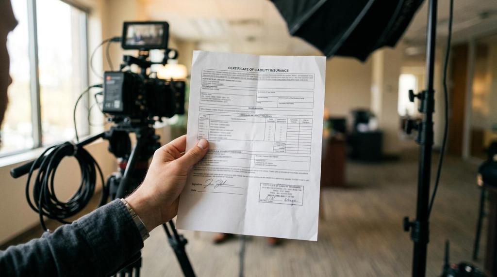 A person holding a quality assurance certificate in a professional video production setting with camera and lighting equipment in the background.