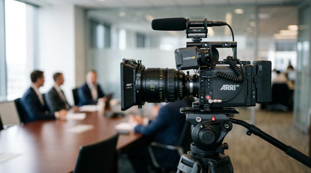 High-quality ARRI professional video camera set up for corporate filming in a modern conference room with business professionals in the background.
