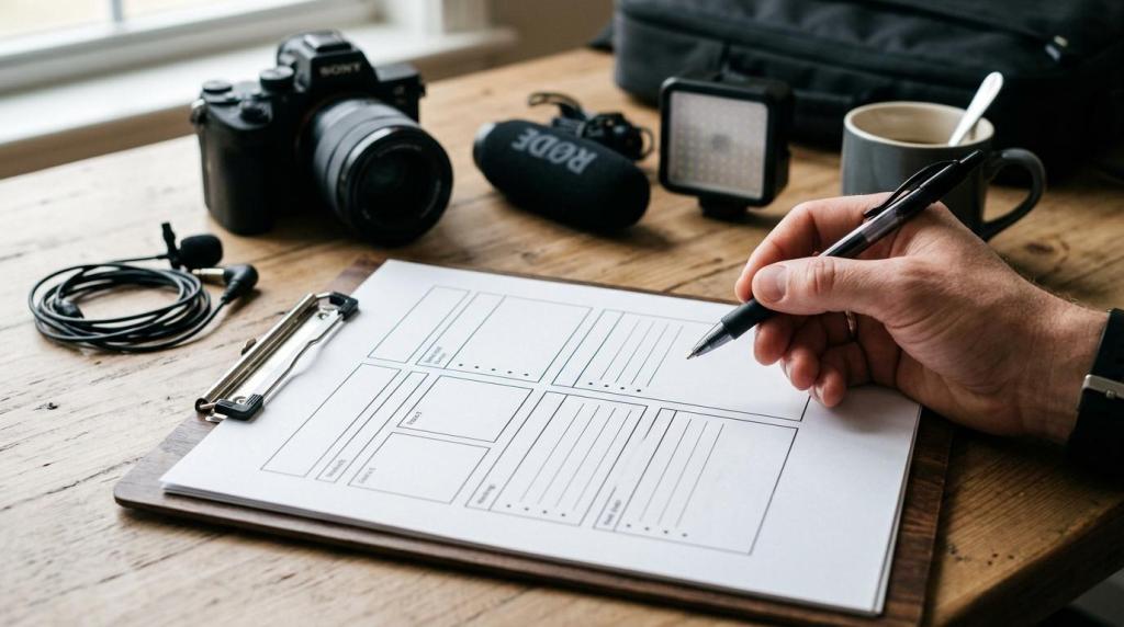 A videographer's workspace with camera, microphone, lighting, and planning sheet for video production.
