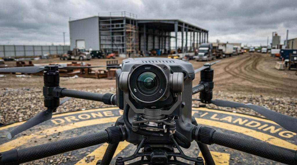 A professional drone camera capturing footage at a construction site for facility updates, showcasing drone technology in industrial applications.