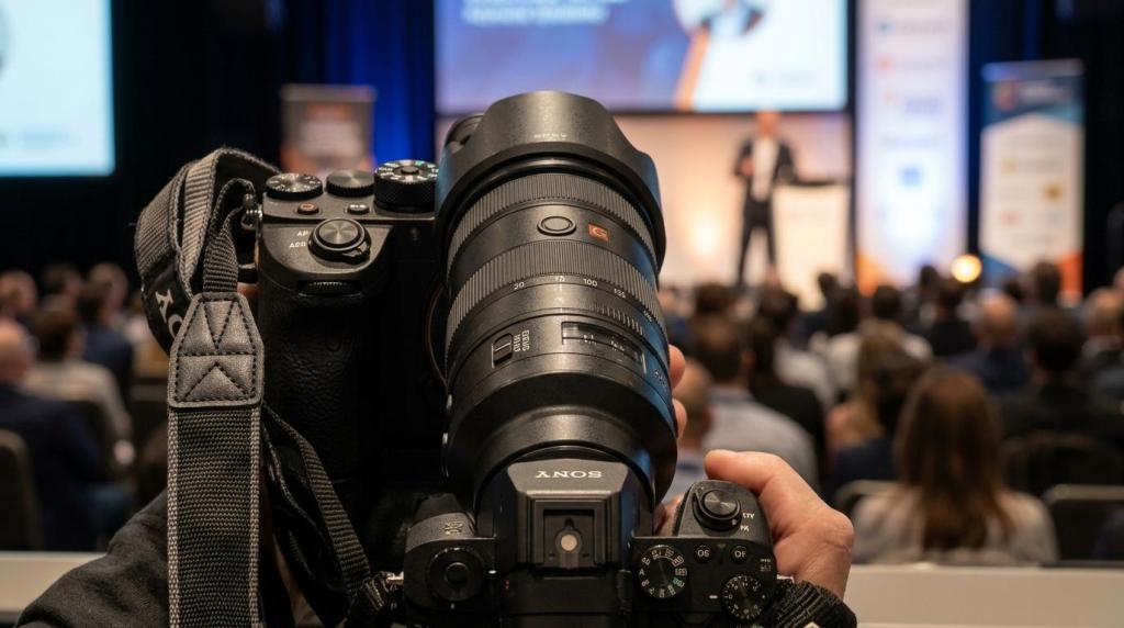 Close-up of a professional Sony camera capturing a presentation at the Q Filmz Media event in Edmonton for brands.