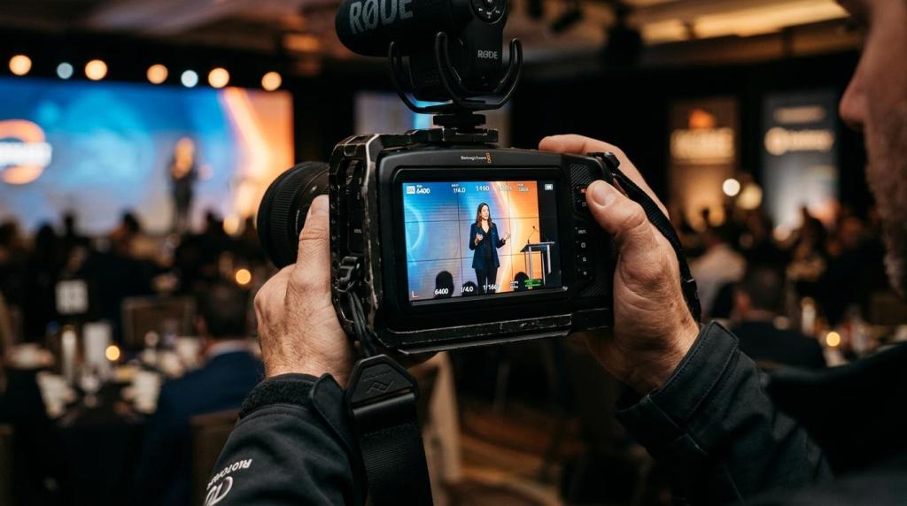 Professional videographer capturing a speaker at a corporate event for high-quality video content.