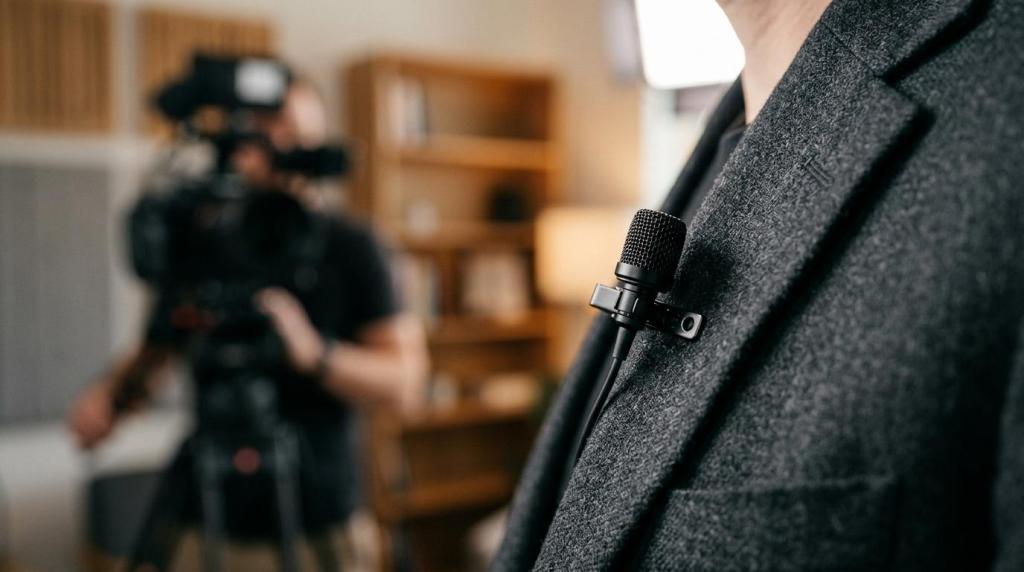 Close-up of a person in a suit with a microphone clipped to the lapel, preparing for an interview in a studio setting.