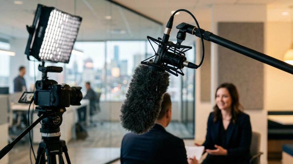Professional interview setup with camera, microphone, and lighting for Q Filmz Media in Alberta.
