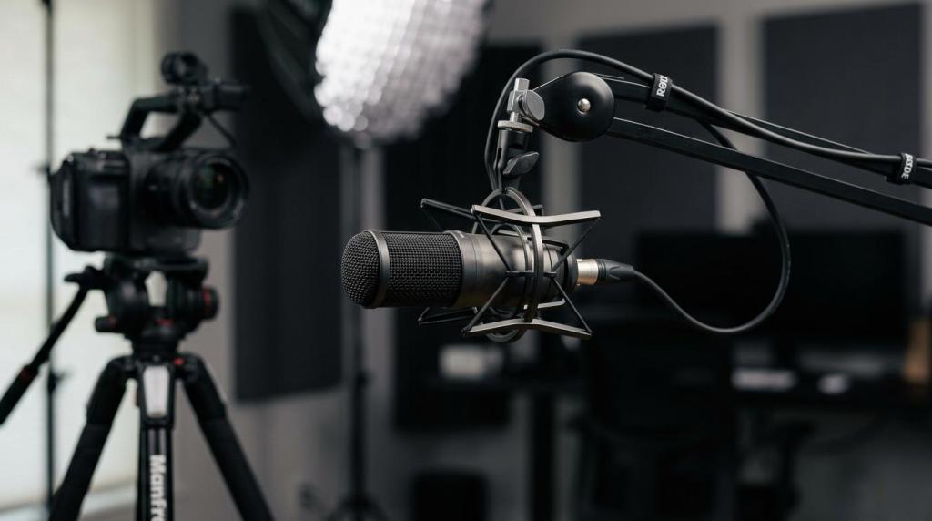 High-quality microphone and camera setup in a professional podcast studio for media production in Edmonton.