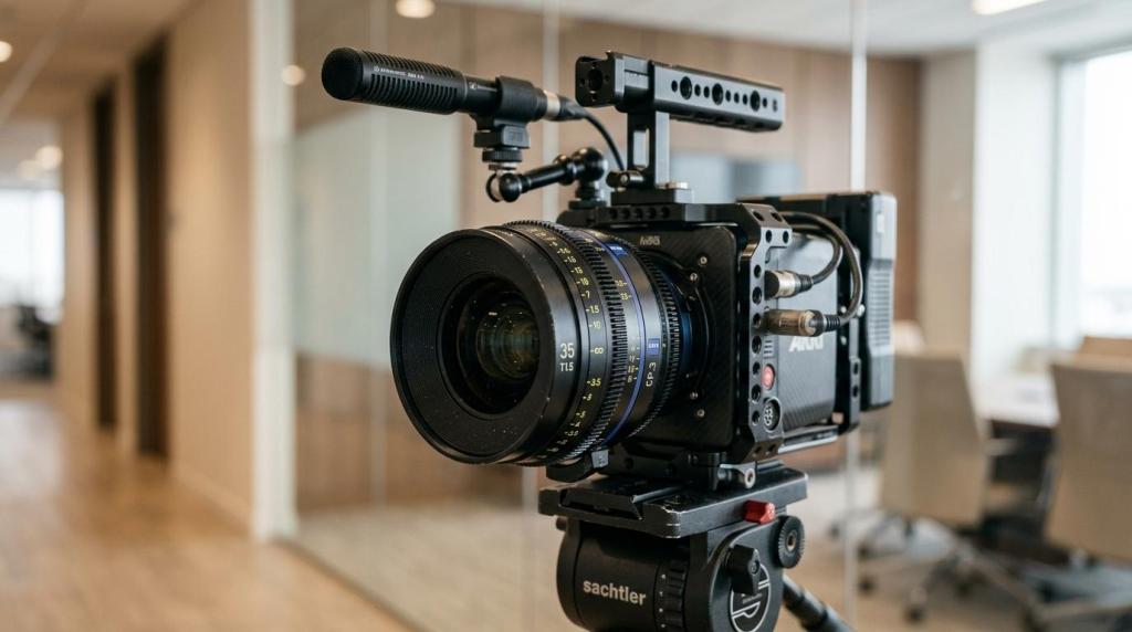 High-quality professional video camera set up in a modern studio environment for filming and production.