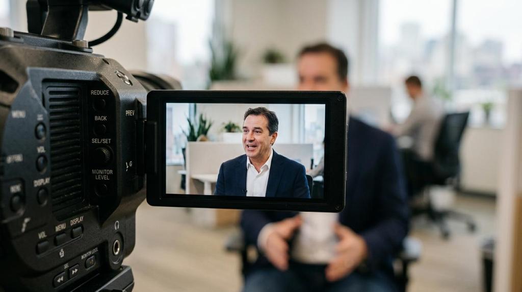 A man being recorded on camera during a professional testimonial video shoot in an office setting.