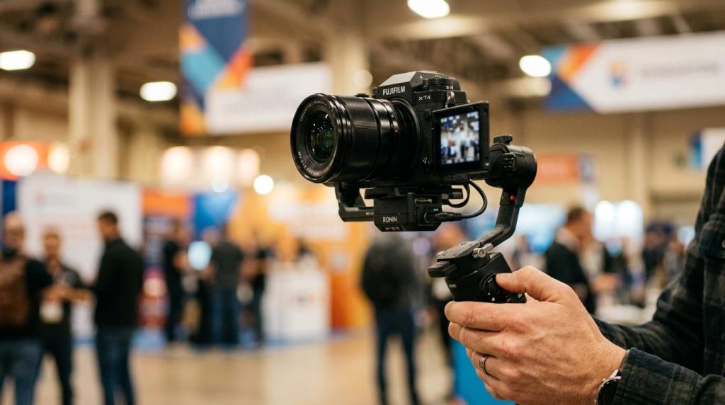 A professional camera mounted on a stabilizer at a trade show, capturing event footage with a blurred background of attendees and booths.