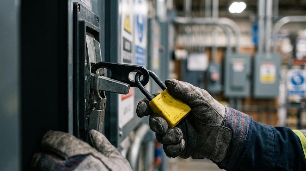 Worker applying a lockout tag to electrical equipment for safety and compliance in industrial settings.