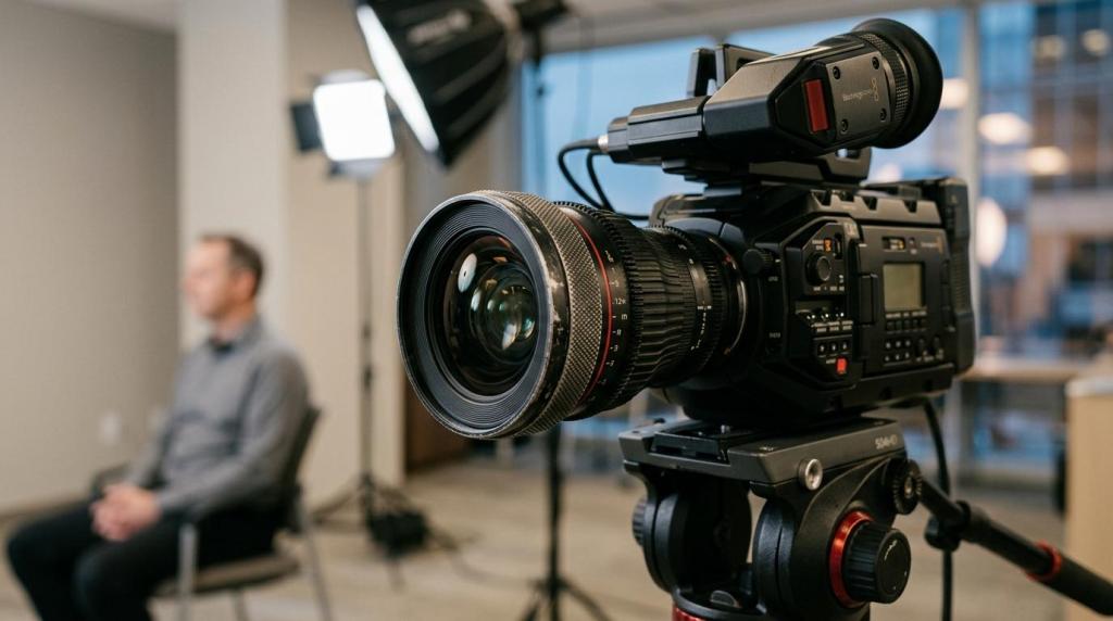 High-quality professional video camera on tripod in a modern studio, ready for B2B video production for marketing and sales.