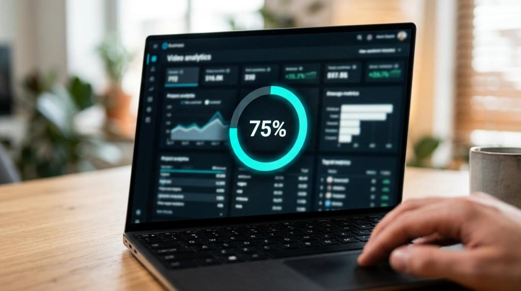 Close-up of a laptop screen displaying a video analytics dashboard with performance metrics and a 75% progress indicator, highlighting data analysis for sales teams.