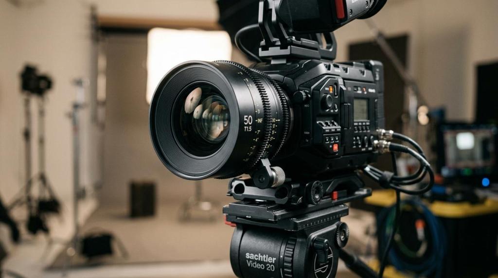High-quality professional video camera on tripod in a studio setting, ready for filming, with background equipment and lighting.