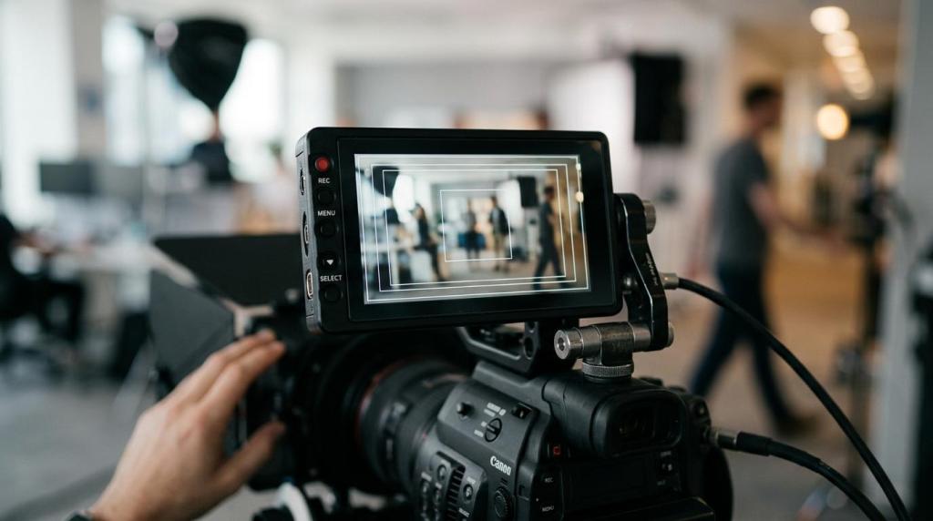 Close-up of a professional video camera on a tripod capturing a scene in a modern studio environment.
