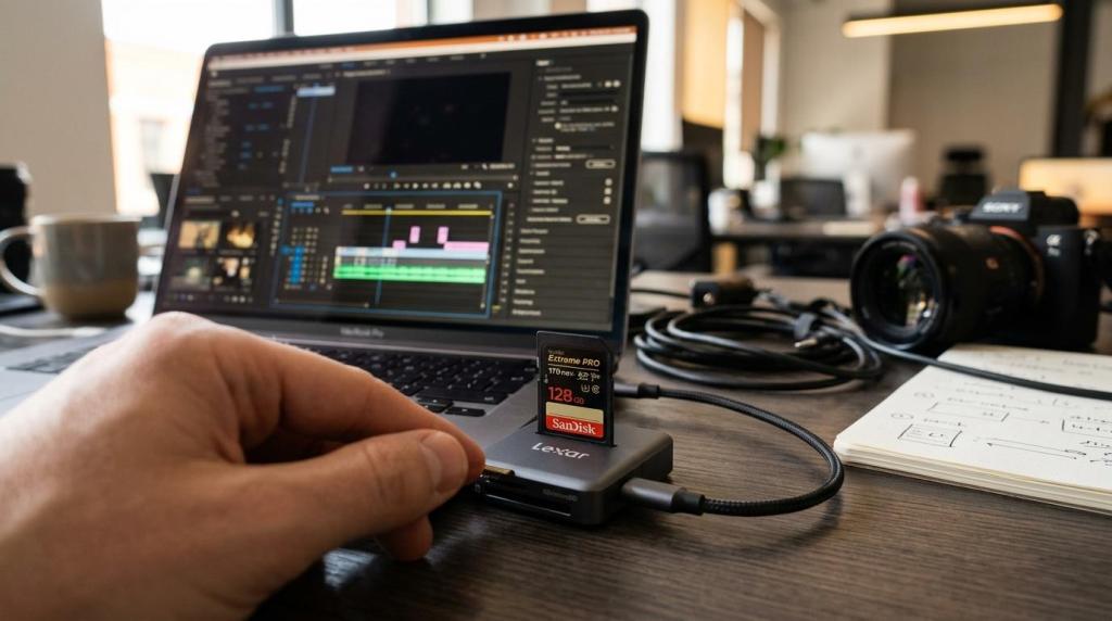 Person editing conference video footage on a laptop with editing software, camera, and accessories on a desk.