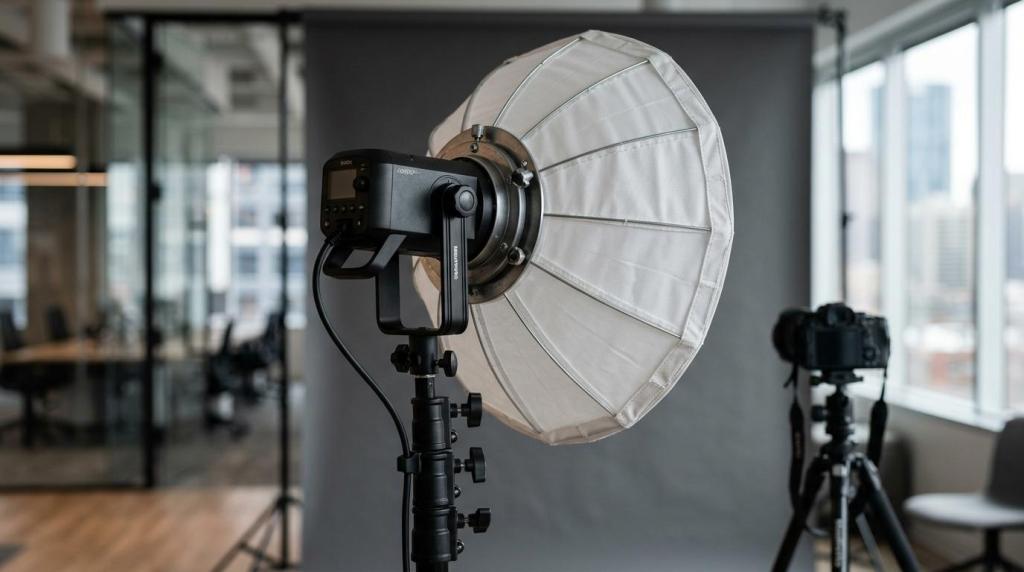 Professional photography studio lighting setup with softbox and camera in modern office environment.