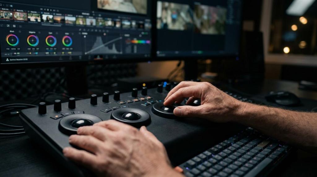 Close-up of a video editor's hand adjusting controls on a professional editing console with dual monitors displaying color grading software.