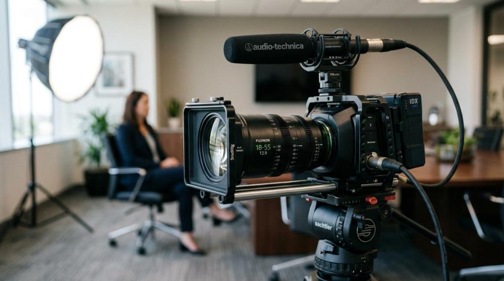 High-quality professional video camera with microphone in a modern office setting for corporate videography at Q Filmz Media.