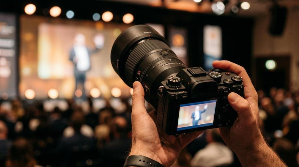 Photographer capturing event footage at Q Filmz Media event in Fort McMurray with professional camera equipment.
