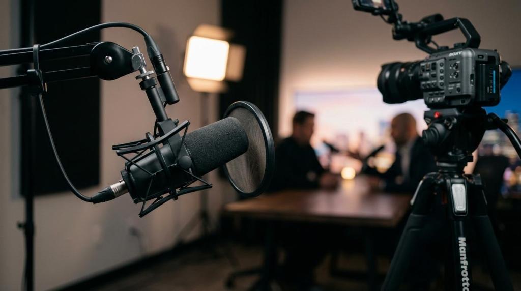 Professional podcast recording studio with microphone and camera for Q Filmz Media podcast production in Calgary.