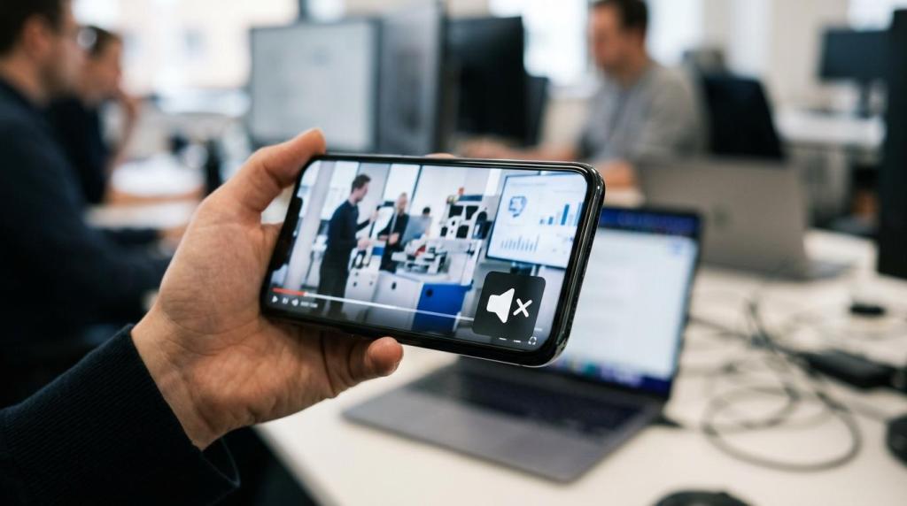 Person recording a business video on smartphone in office environment with colleagues and computers in background.