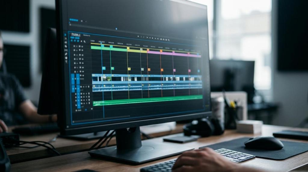 Close-up of a computer monitor displaying a video editing timeline with colorful tracks and editing tools, in a professional editing suite.