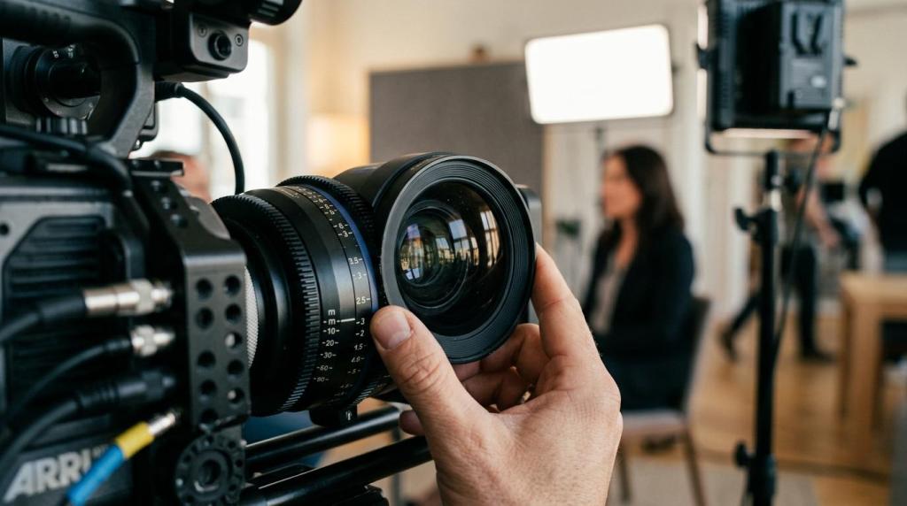 Close-up of a camera lens and professional video production equipment in a studio setting for high-quality media creation.